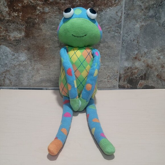 SCM Designs Knit Sock Frog Yellow Blue Stuffed Animal Plush Polka Dots 2011 - Picture 1 of 12
